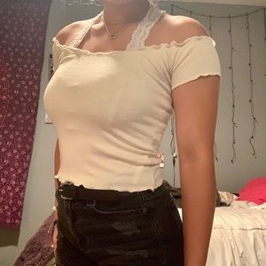 John Galt lettuce hem off the shoulder top